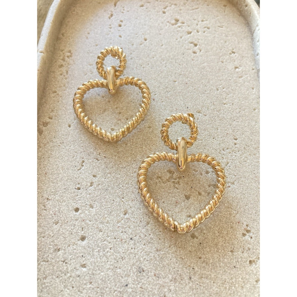 Heart Shaped Door knocker Earrings Gold Tone Rope Wrapped Bold Glam Couture
